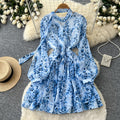 French retroelegancev neck ribbon long sleevesprintingdress women's waist slimming look a line skirt work clothing
