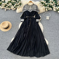 French-style heavy embroidery beaded sequin mesh patchwork lantern sleeve tie-waist pleated maxi dress - women's high-end long dress
