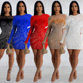 C6215   fashion women's solid color mesh feather rhinestone long sleeve mini dress