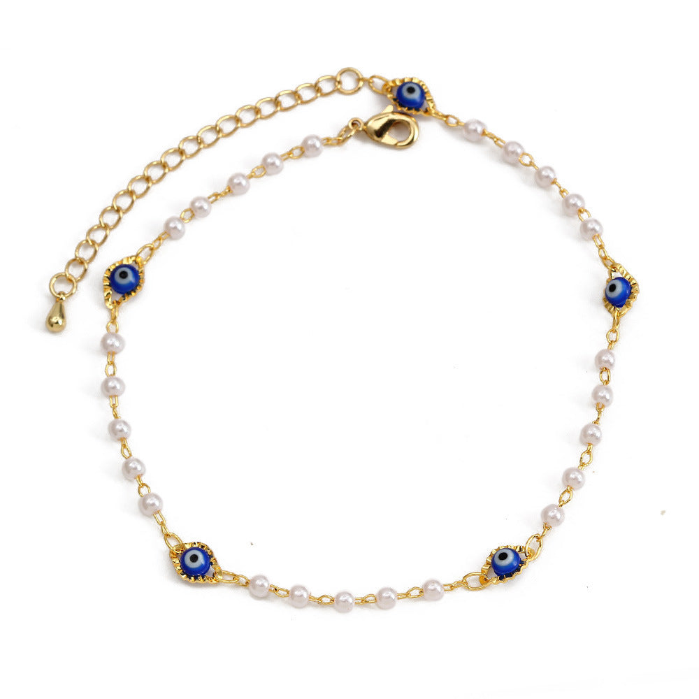 European and american cross-border new jewelry enamel eye pearl anklet - irregular fashion minimalist devil's eye anklet for women