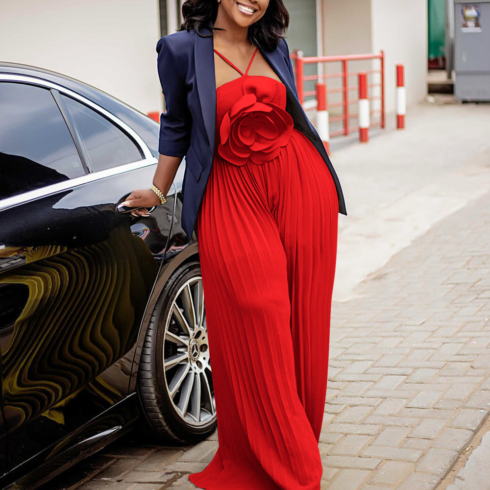 D554export women's clothing new arrivalelegantpure colorfashionsexy large flowerpure color pleated african jumpsuit