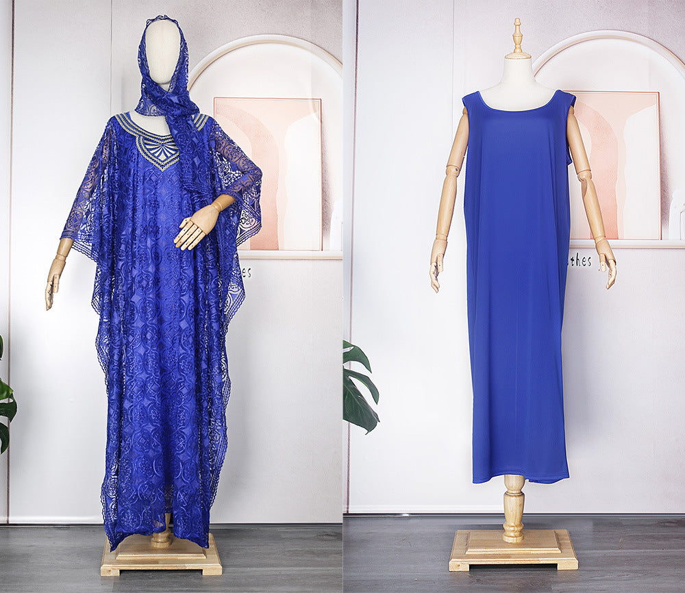 European and american export african women's embroidered lace loose batwing sleeve dress robe three-piece set with vest and headscarf