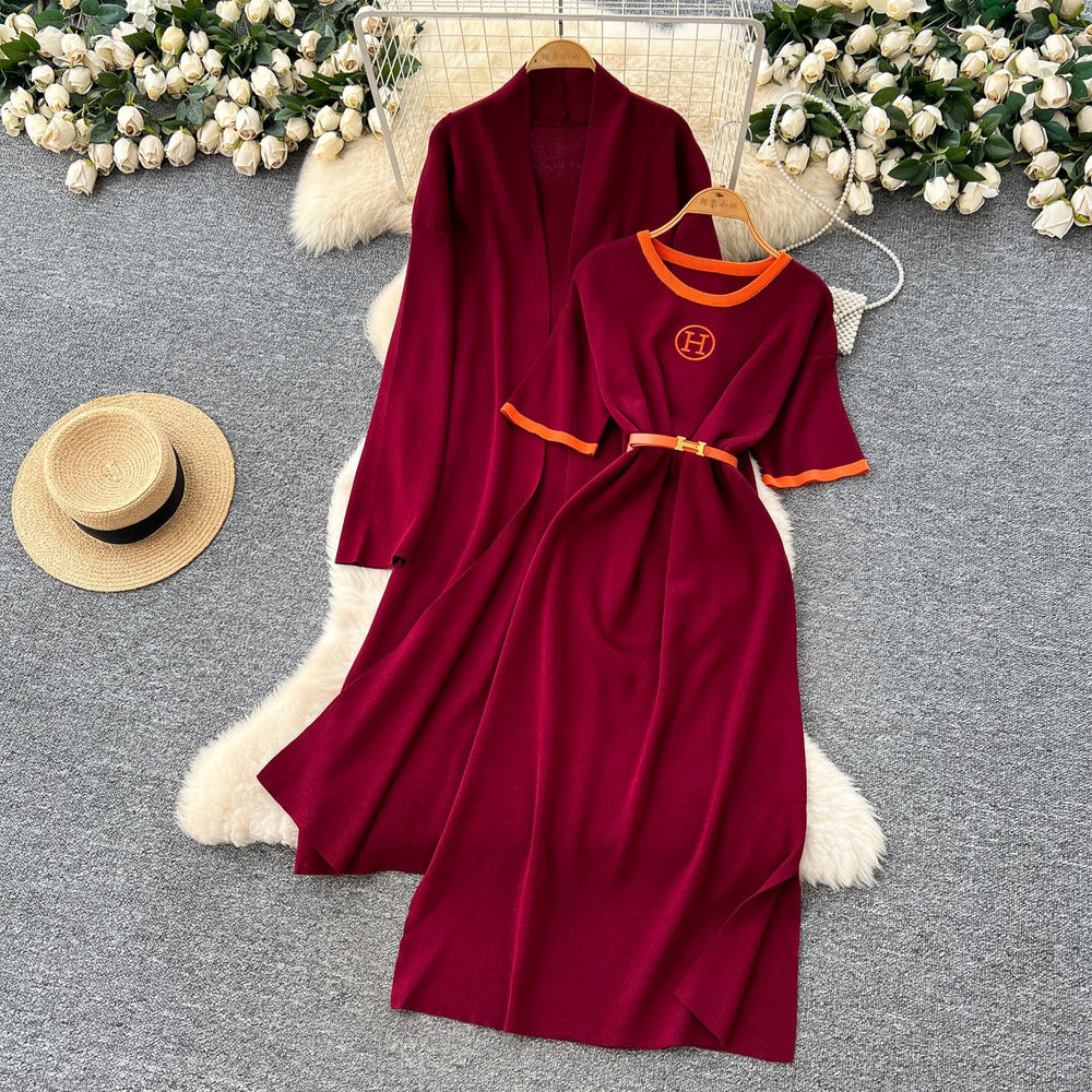 European station  spring/autumn new women's fashion high-end belted short-sleeve maxi dress long-sleeve outerwear knitted two-piece set