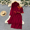 European station  spring/autumn new women's fashion high-end belted short-sleeve maxi dress long-sleeve outerwear knitted two-piece set
