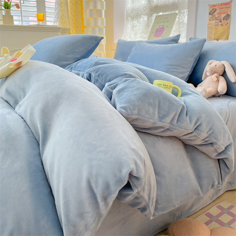 Solid color milk fleece four-piece set, winter thickened coral fleece bed sheet quilt cover, Nantong flannel bed three-piece set