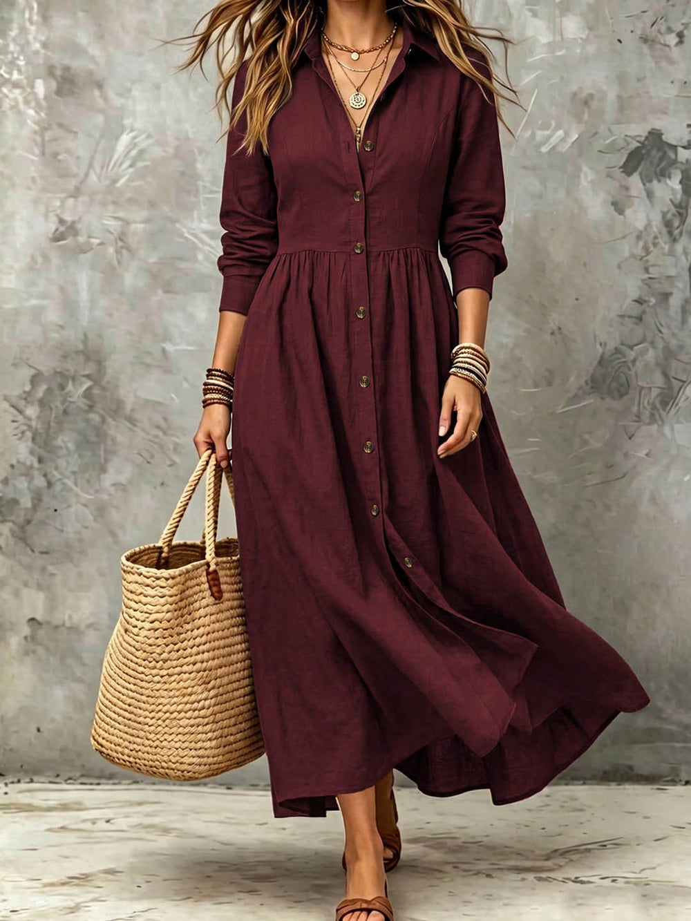 Plus size women's vintage shirt dress - long sleeve, button-down, notched collar, buttoned waist, pleated, flowy, loose fit, vacation style