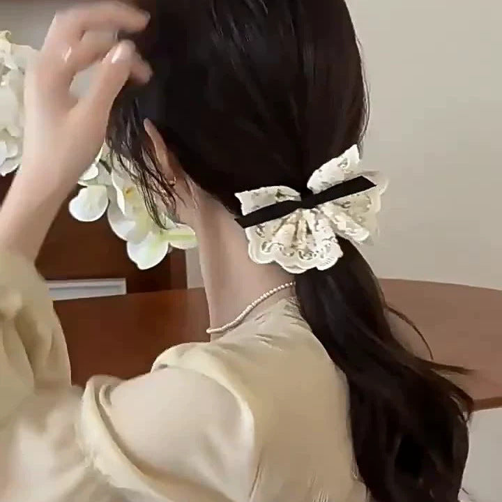 Sweet bowknot hair tie - lace double layer, gentle korean style, fashionable embroidered retro hair rope, elegant