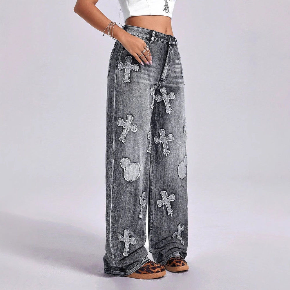 Pre-sale-65759# cross-border women's fashion european and american foreign trade ins retro cross embroidery straight-leg denim