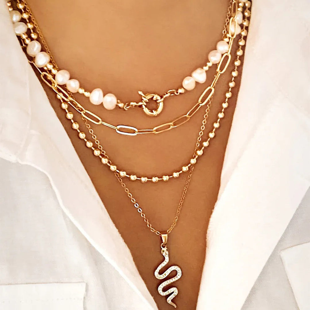 bohemia imitation pearl beaded necklace niche styleaccessible luxury diamond-encrusted snake pendant multi-layered necklace for women