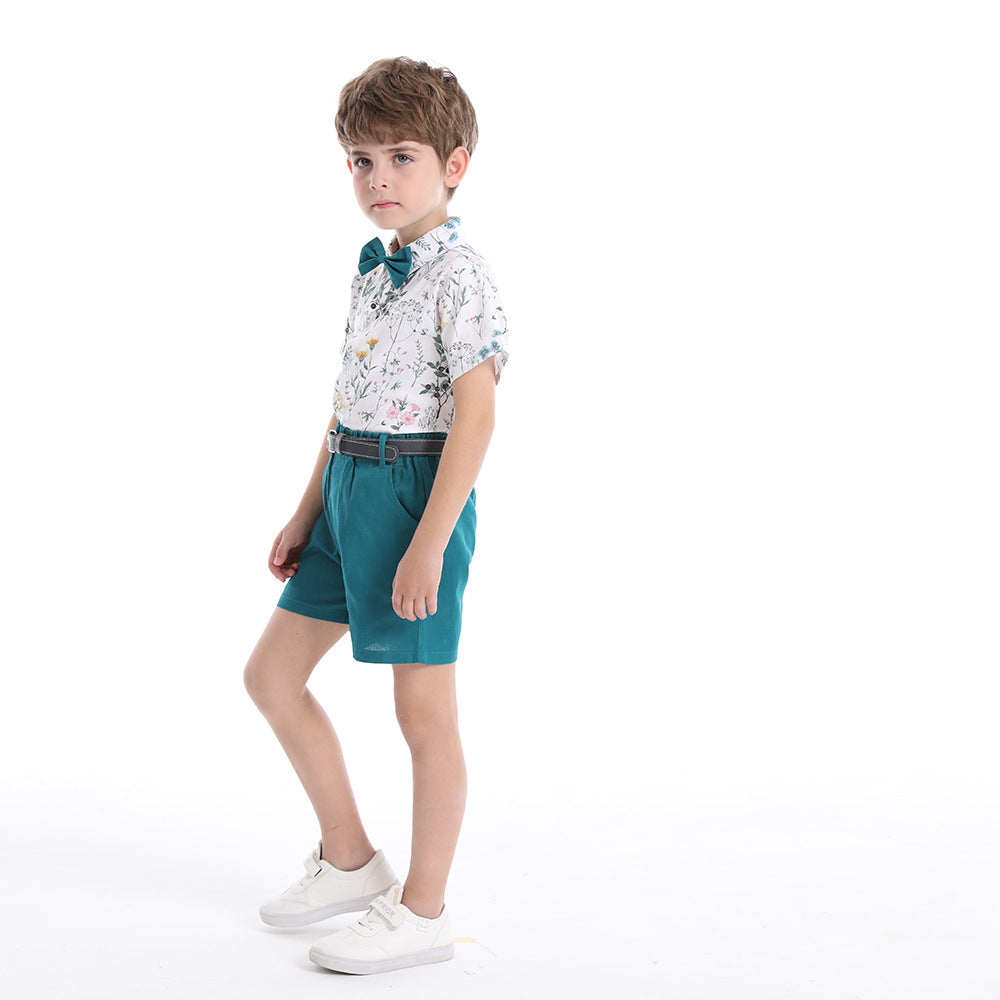 Boys' summer formal outfit set: printed short-sleeve shirt, perfect for little hosts, kindergarten performances, and special occasions