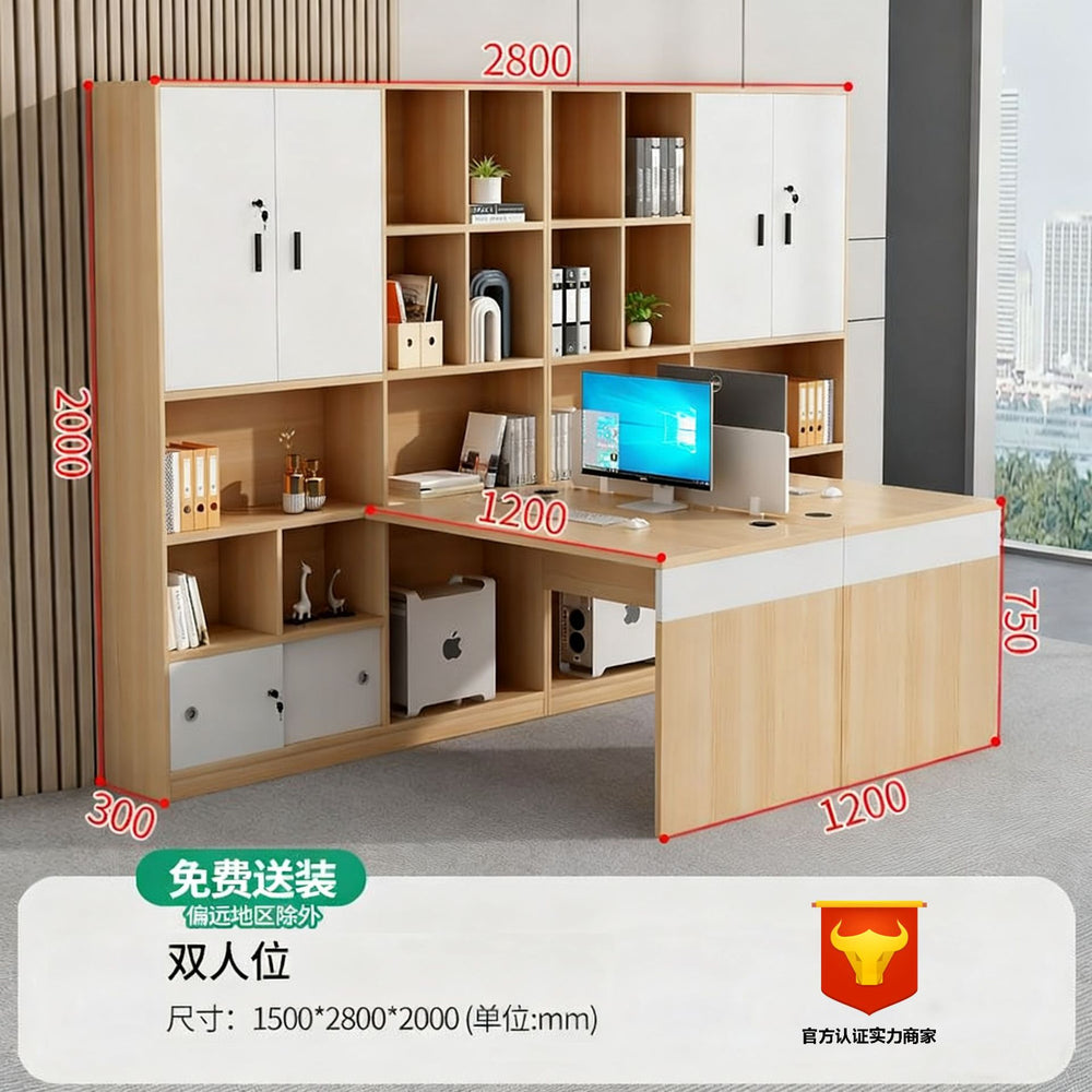 Financial office desk set - executive office desk with high cabinet, two-seat facing configuration for accountants and managers