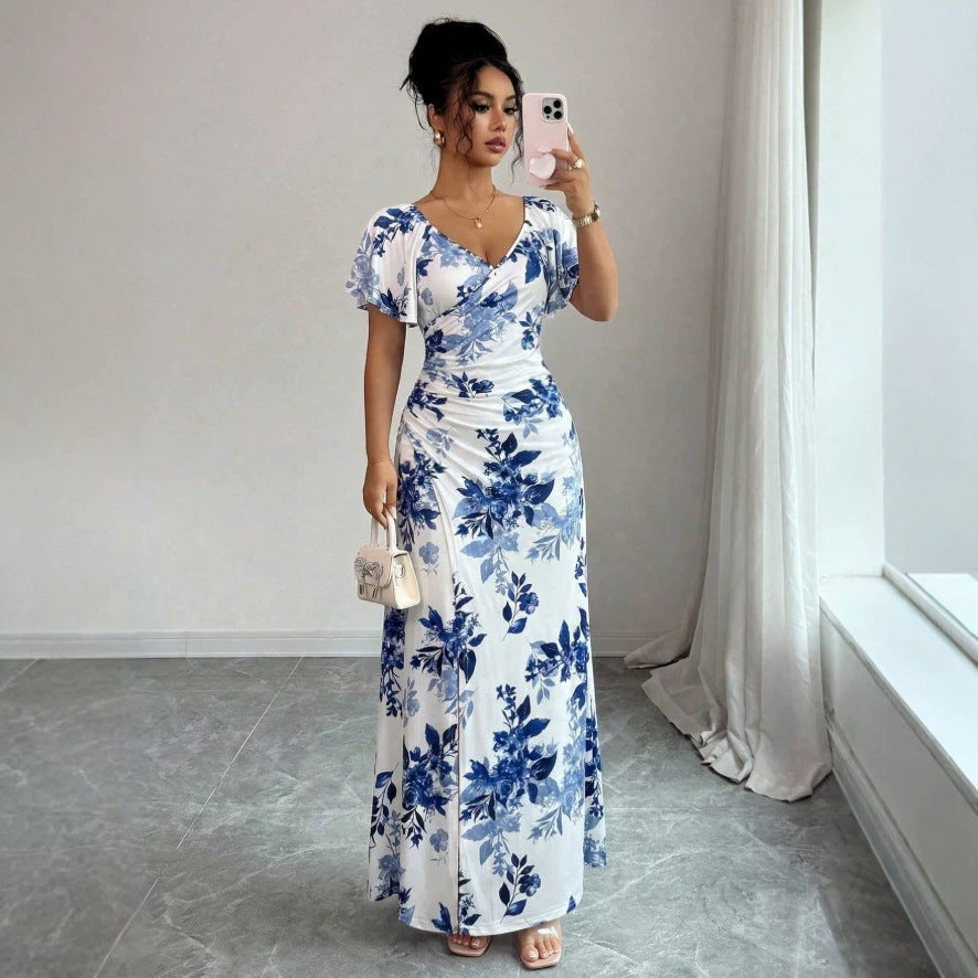european and american cross-border summer v-neck floral print elegant maxi dress