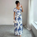 european and american cross-border summer v-neck floral print elegant maxi dress