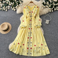 Ethnic embroidered tie-waist dress - women's summer long sleeve v-neck a-line maxi dress - elegant & chic