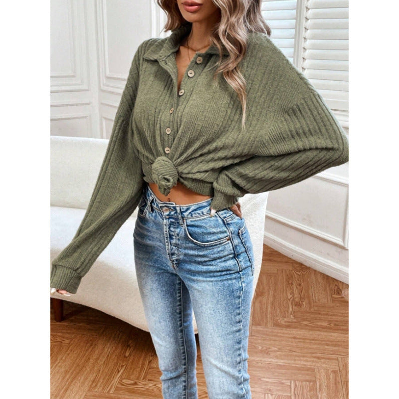 cross-border women's ribbed knit half-open cardigan with stand collar, puff sleeves, and relaxed fit