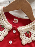 hot selling girls' cute strawberry solid color top with embroidered denim shorts two-piece set