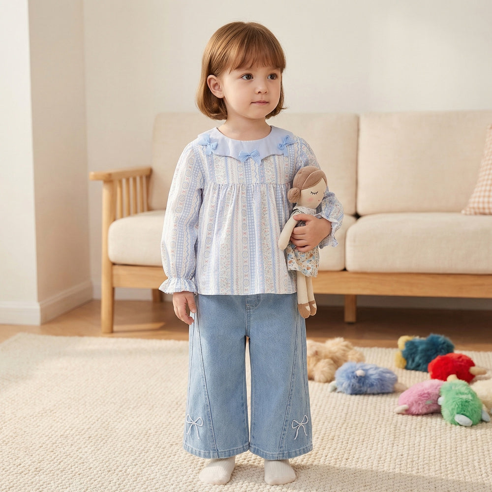 Spring new girls' bowknot lace collar long-sleeve shirt, baby girl blouse, stylish children's top, kids' clothing