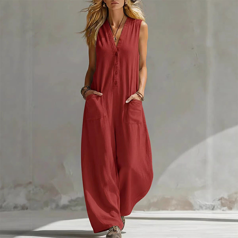 summer new arrivals: european & american style women's fashion - casual, loose-fit, solid color button-up jumpsuit