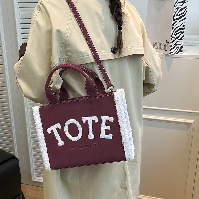lamb wool patchwork satchel women's 2025 new casualembroiderletter large capacity easiest for match shoulder crossbody bag