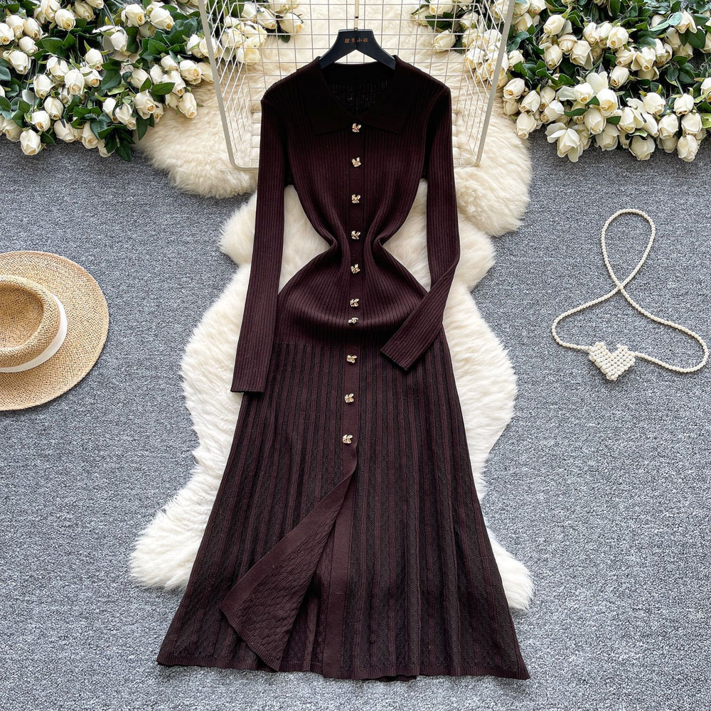 French retro polo collar long sleeve metallic buckle waist dress women's autumn slimming elegant crochet knit maxi dress