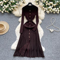 French retro polo collar long sleeve metallic buckle waist dress women's autumn slimming elegant crochet knit maxi dress