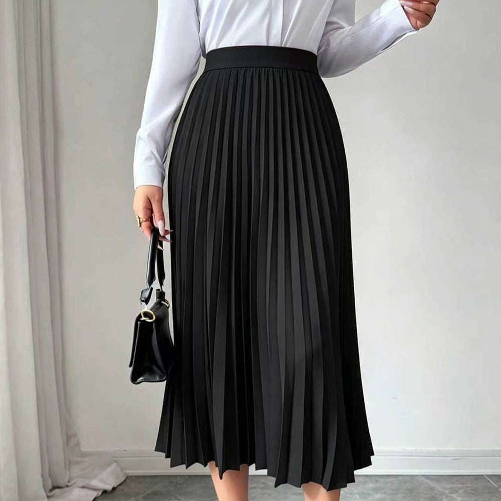 European and american  minimalist commute pleated midi skirt - black, high-waisted, drapey, slimming, versatile a-line skirt