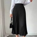 European and american  minimalist commute pleated midi skirt - black, high-waisted, drapey, slimming, versatile a-line skirt
