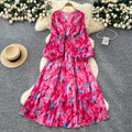 French retro v-neck lantern sleeve cinched waist dress -  new fashionable, elegant, slimming, and chic printed maxi dress