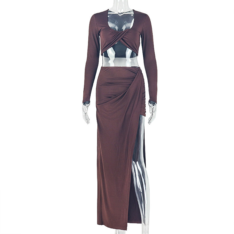 Fashion style insexportpure colorcasual women's hip-covering vacation skirt suitu-neck long sleeves chest-wrapped slit two-piece set