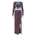 Fashion style insexportpure colorcasual women's hip-covering vacation skirt suitu-neck long sleeves chest-wrapped slit two-piece set