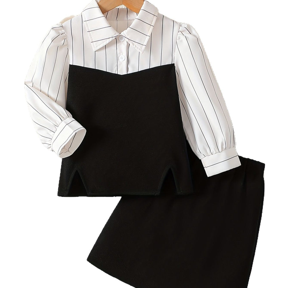 Girls' spring outfit set: striped shirt & black and white color block skirt - two-piece preppy style