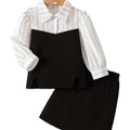 Girls' spring outfit set: striped shirt & black and white color block skirt - two-piece preppy style