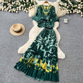 French chic leopard print two-piece set: women's autumn v-neck fitted top and flared pleated skirt