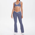new color block spliced high-waisted flared leggings and top activewear set for women - perfect for outdoor running, fitness, and yoga