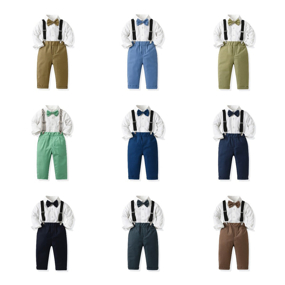 New british style boys' spring outfit: long-sleeved white shirt and suspender pants formal set - spring new arrivals for boys' clothing