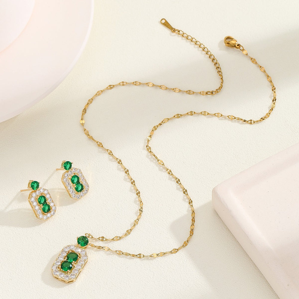 Titanium steel necklace women's long emerald gemstone pendant earrings classy light luxury cross-border clavicle chain jewelry wholesale