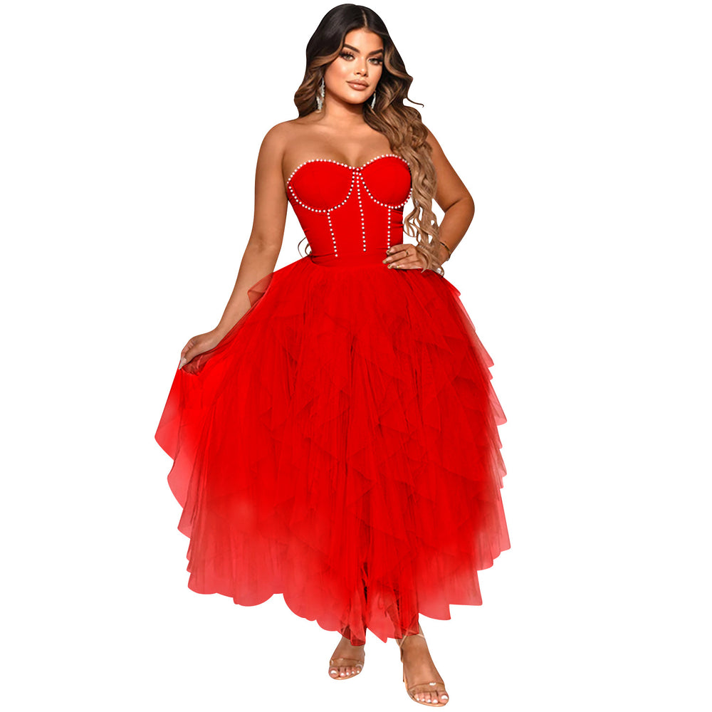 X5709 new arrival:  &  fashionable solid color hotfix rhinestone bandeau fluffy mesh dress - women's apparel