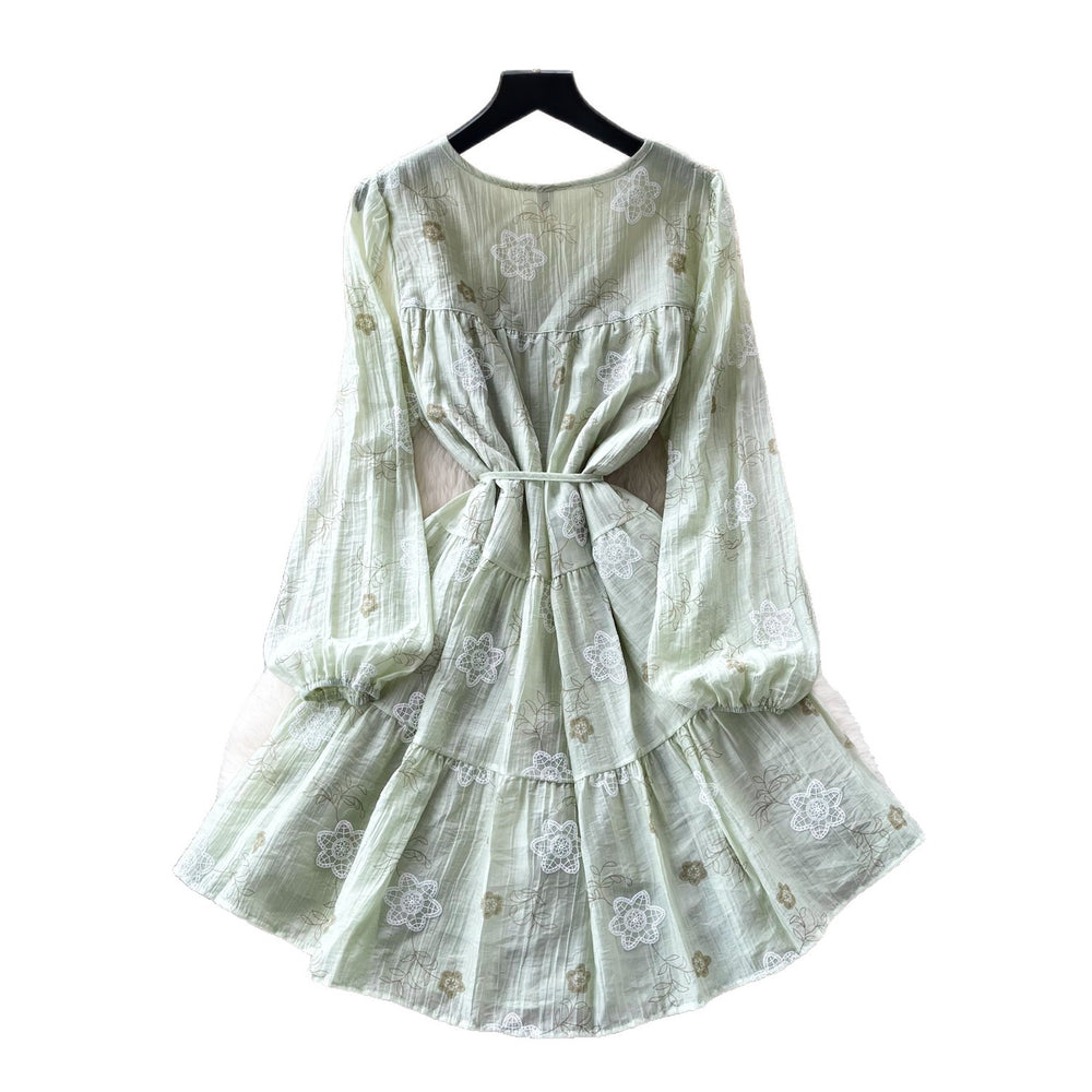 French chic green floral dress - women's summer long sleeve v-neck a-line dress with cinched waist - slimming, elegant, and perfect for vacation