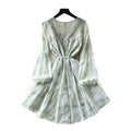 French chic green floral dress - women's summer long sleeve v-neck a-line dress with cinched waist - slimming, elegant, and perfect for vacation