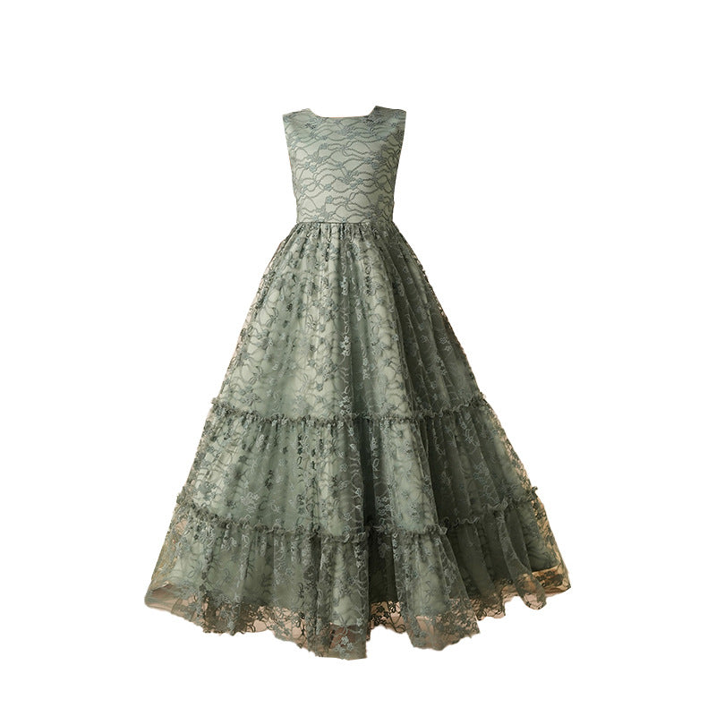 Custom girls' dresses - european & american style long gowns - lace elegant princess dresses - big & tall girls' round neck vest summer dresses - cross-border e-commerce