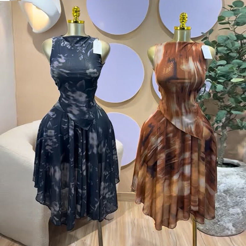 European and american women's clothing  summer new sweet and fresh printed off-the-shoulder sleeveless blouse and high-waisted midi skirt two-piece set