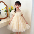 korean style princess dress for girls, summer party dress, baby girl puff sleeve mesh sequin dress for little girls