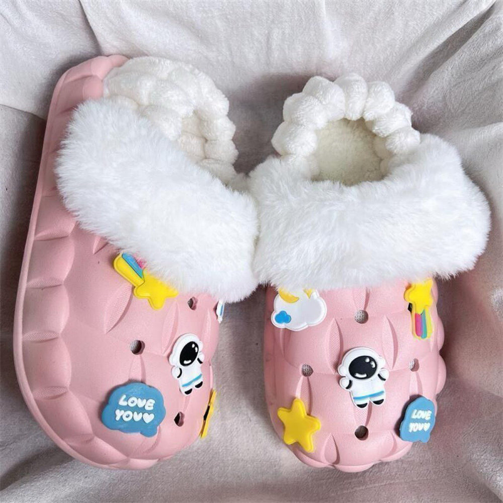 2025 women's winter slippers: cute cartoon design, thick sole, fleece lined, non-slip, wear-resistant, warm, detachable waterproof cotton shoes