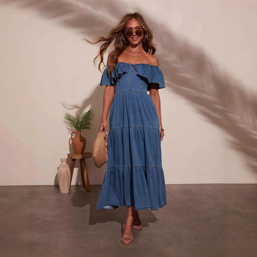Amazon cross-border e-commerce summer hot girl retro sexy v-neck denim backless cinched waist slimming maxi dress