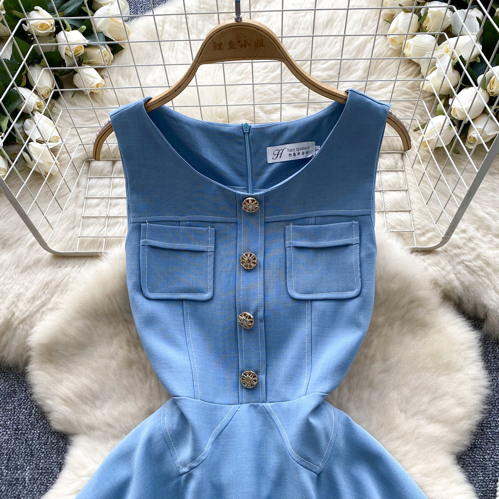 French chic mini dress - women's summer high-end round neck sleeveless metallic buckle waist slimming a-line party dress
