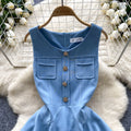 French chic mini dress - women's summer high-end round neck sleeveless metallic buckle waist slimming a-line party dress