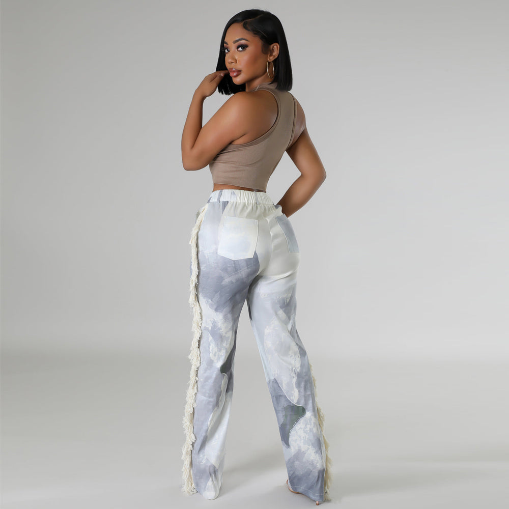 Amazon hot selling european and american women's fashion printed tassel straight-leg casual pants cross-border e-commerce women's trousers