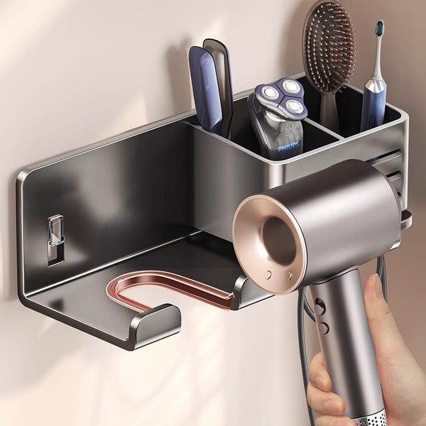 Hair dryer rack, hair dryer rack with toothbrush holder, non-punching suction cup wall-mounted hair dryer storage rack