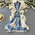 Fashion style large version dress women's fashion styleeasiest for match lapel waist strap mid-length pleated printingoutwear