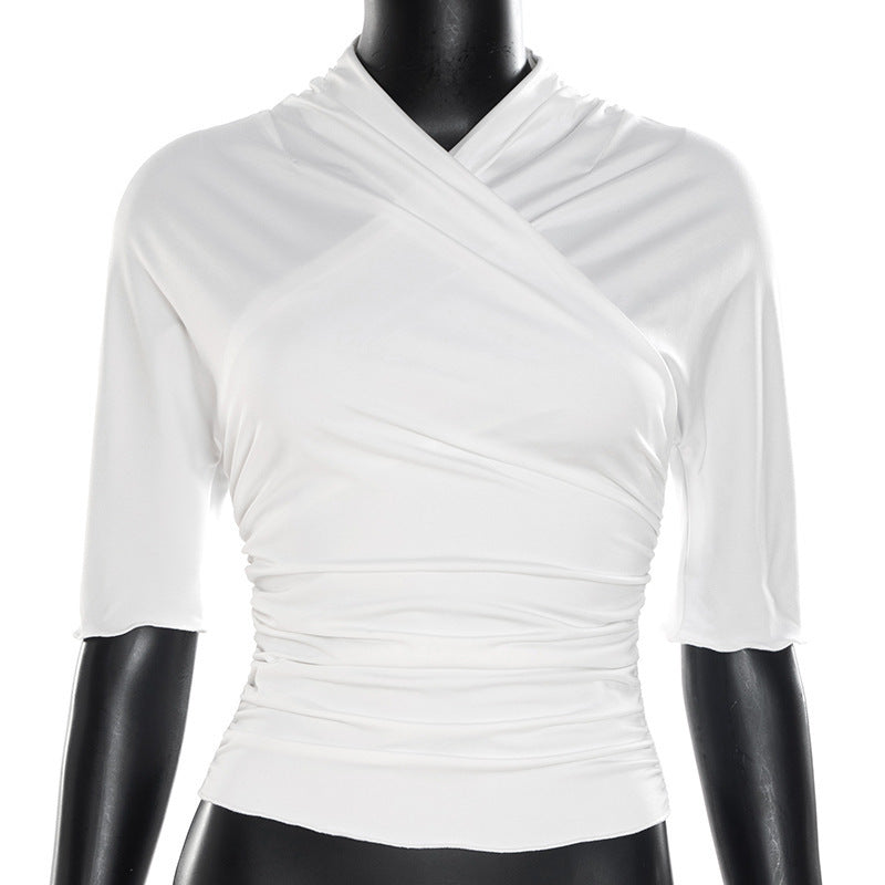 european and american style pullover spring/summer overlap collar long sleeve slim fit versatile solid color ruched top designer women's t-shirt